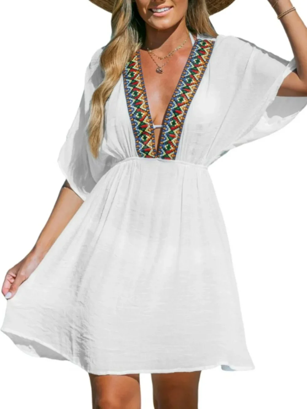 Cupshe Women's White Embroidered Plunging Cover-Up Dress Tunic Swimwear